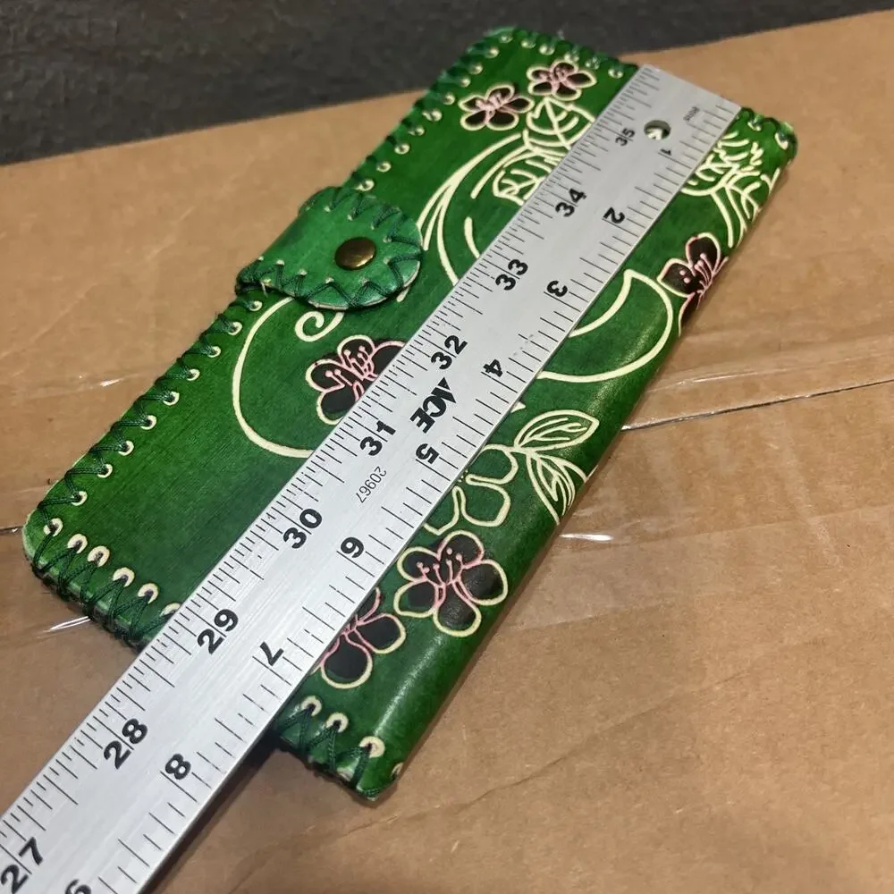 Vintage Boho-Chic & Western Tooled Aesthetic Floral Green Wallet